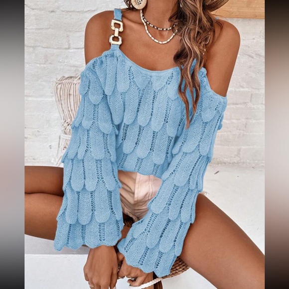 Cozy Boho Off Cold Shoulder Bell Flare Long Sleeve Pointelle Knit Sweater Top - Picture 3 of 13